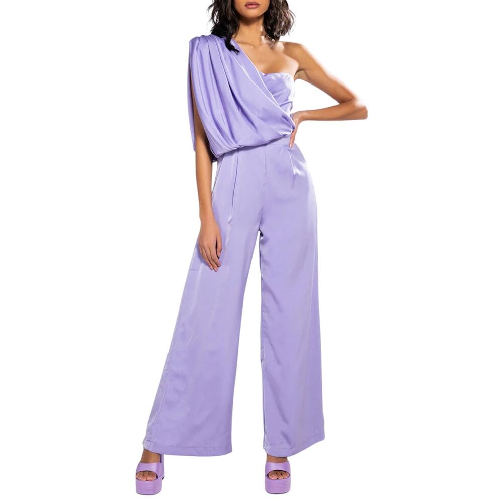 Kyle x Shahida | L | Lavender Draped Shoulder High Waist Wide Leg Jumpsuit